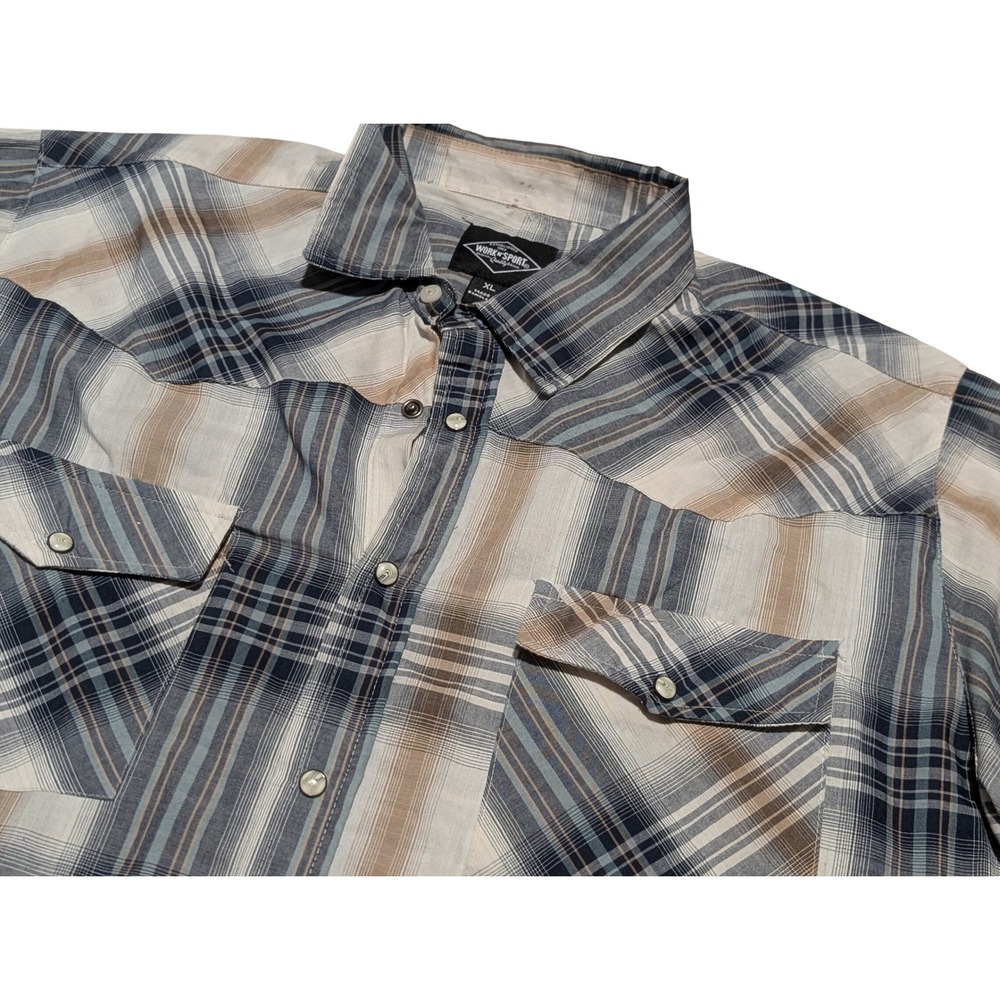 Work N Sport Shirt Mens XL‎ Blue Tan Plaid Short Sleeve Western Snap Pocket Work